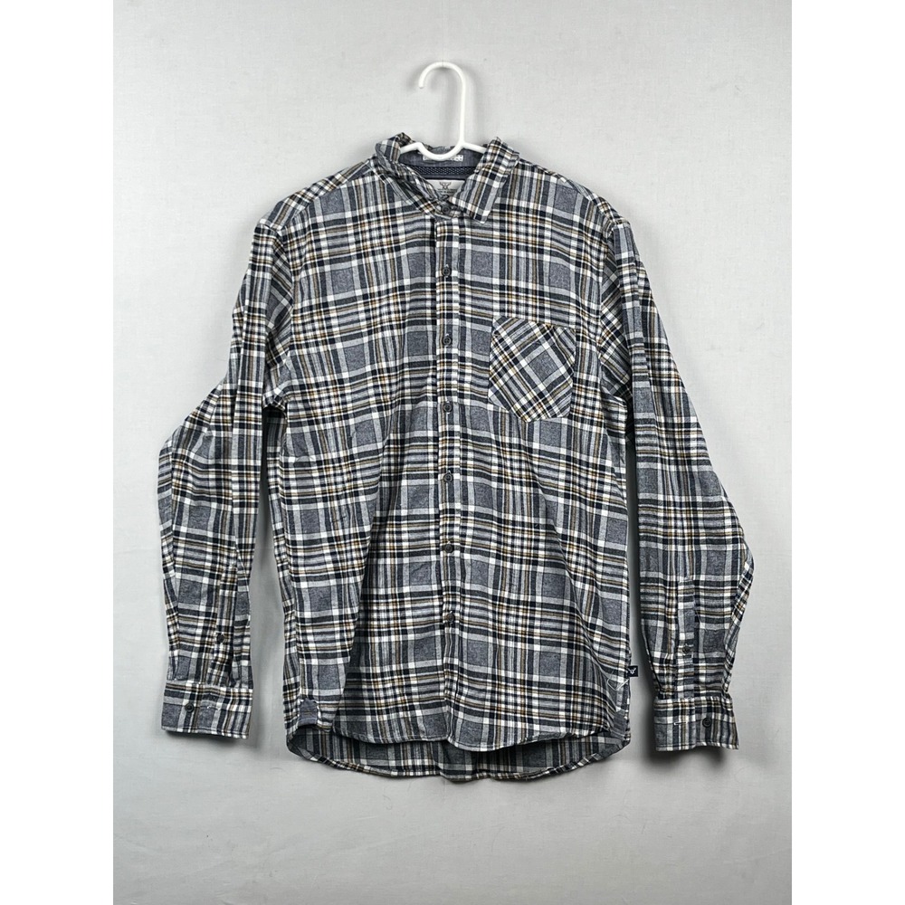 MBX Flannel Shirt Mens Large Plaid Button‎ Down Long Sleeve Grey White Yellow